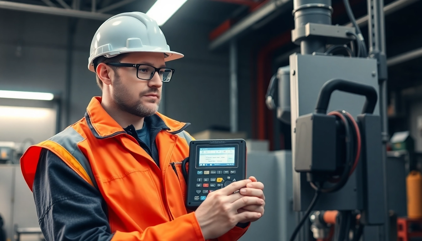 Technician performing a DGUV V3 Prüfung with testing equipment to ensure workplace safety.