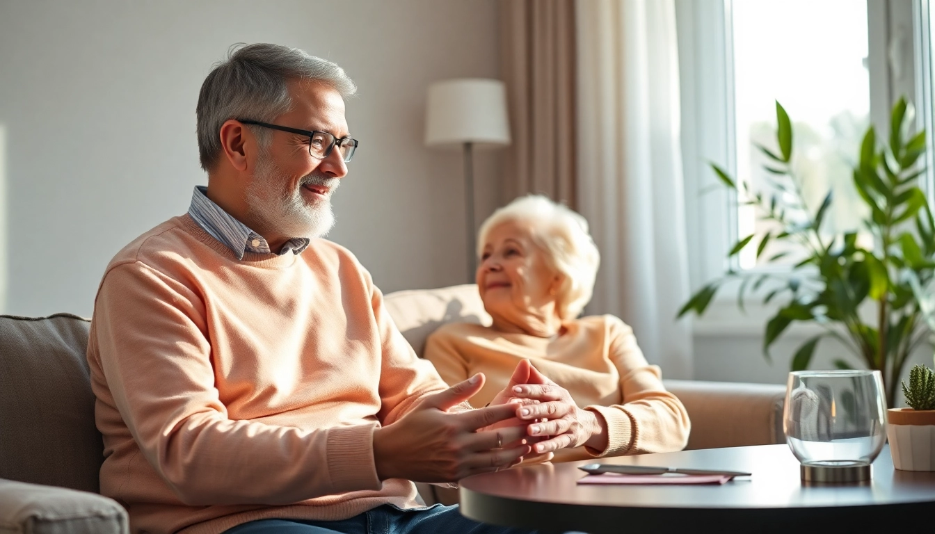 Ein Pflegedienst hilft einer älteren Person in einem freundlichen Wohnzimmer, um Vertrauen aufzubauen.