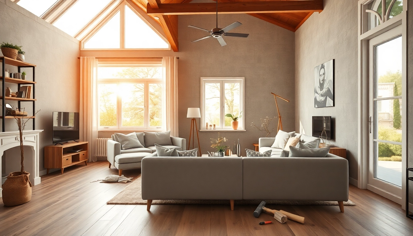 Wunderschöne Hausrenovierung: Fortschritte in einem modern gestalteten Wohnzimmer mit Holz- und Betonelementen.