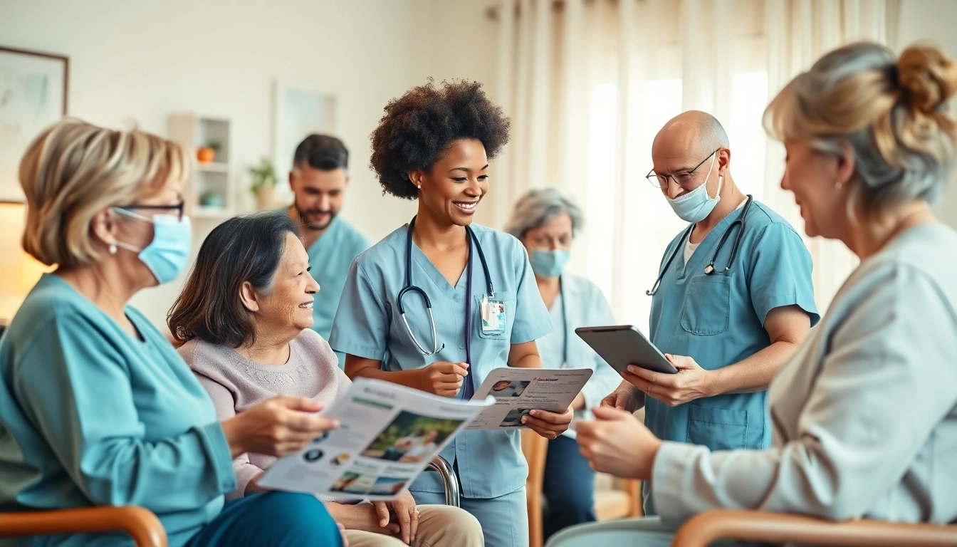 Illustrate the essence of marketing für pflegedienste with caregivers engaging with clients.