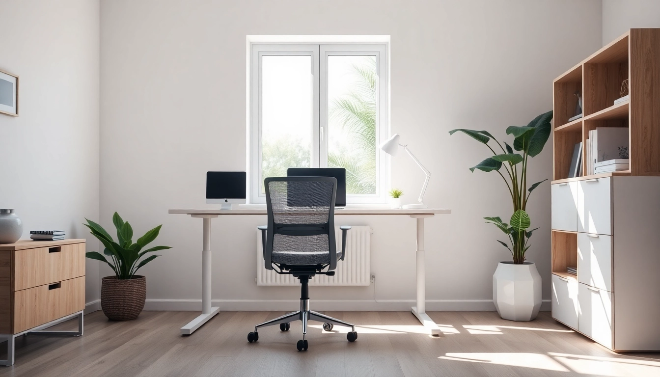 Ergonomic Büromöbel in einem modernen Arbeitsraum mit natürlichem Licht.