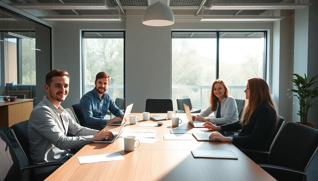 Ein Team von Personalvermittlern arbeitet in einem modernen Büro, das Professionalität und Zusammenarbeit in der Personalvermittlung ausstrahlt.