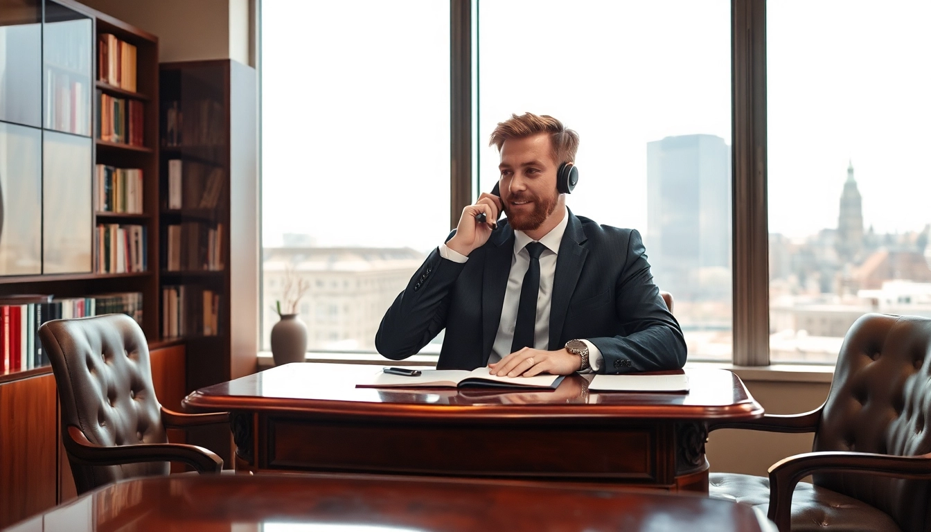 Headhunter Köln berät Klienten am Schreibtisch mit eleganter Stadtansicht.