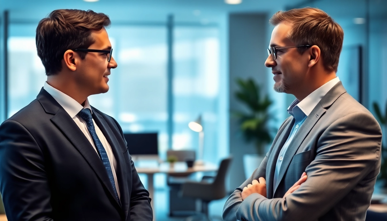 Headhunter Heidelberg führt ein professionelles Gespräch mit Klienten in einem modernen Büro.