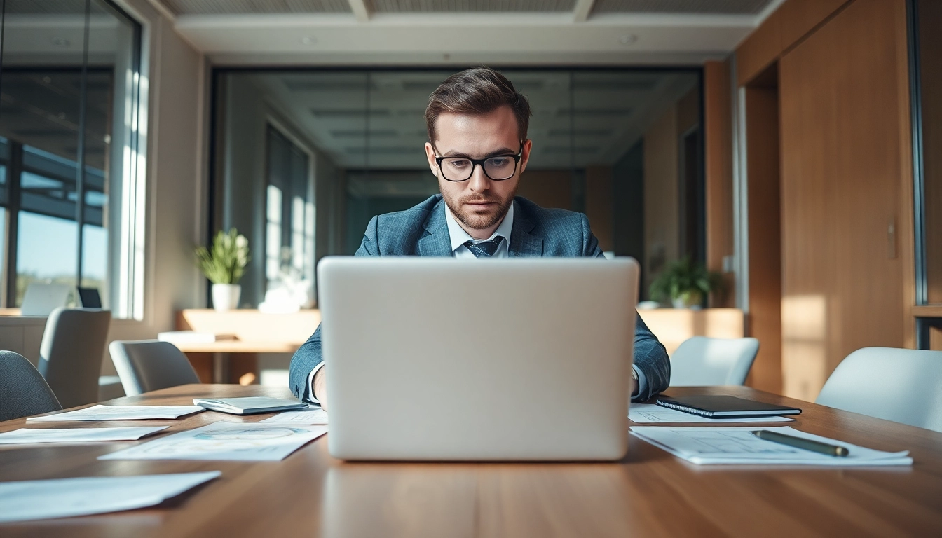 Visualisieren Sie einen Headhunter IT, der in einem modernen Büro mit Laptop und Diagrammen arbeitet, um Tech-Talente zu rekrutieren.