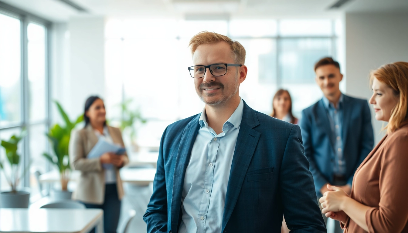 Professioneller Headhunter Pflegekräfte in einem modernen Büro, in Interaktion mit Bewerbern.
