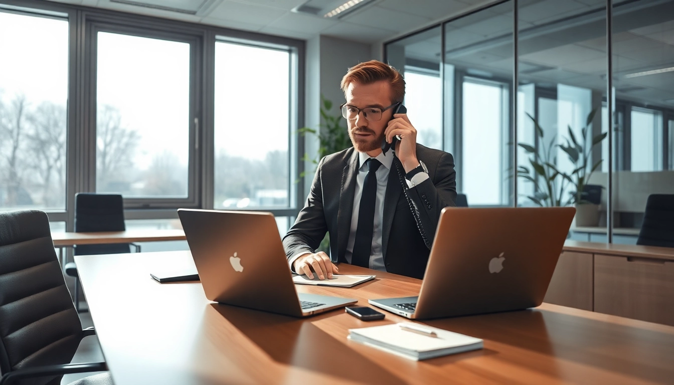 Headhunter Krefeld in einem modernen Büro, professionell am Telefon.
