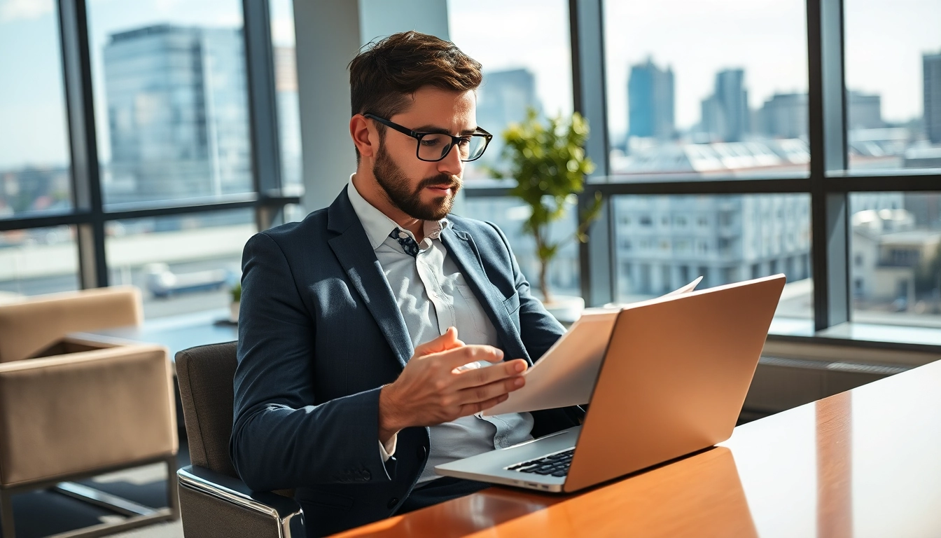 Headhunter Düsseldorf analysiert Lebensläufe und kommuniziert mit Kandidaten in einem modernen Büro.