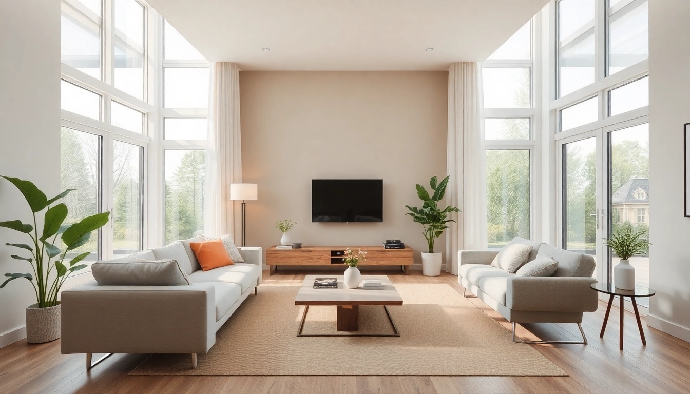 Raumgestaltung eines modernen Wohnzimmers mit hellen Farben und eleganten Möbeln.