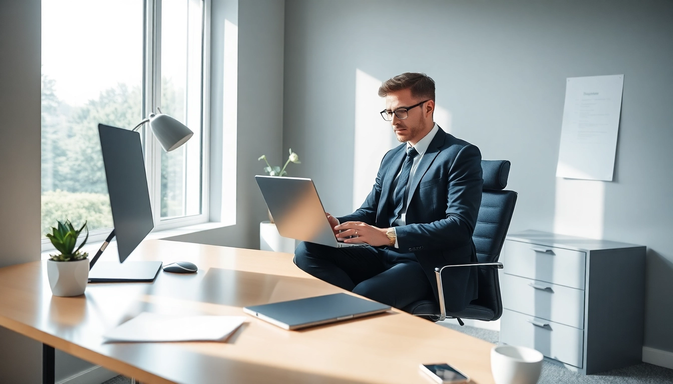Headhunter Mühlheim in einem modernen Büro, der produktiv an einem Laptop arbeitet.