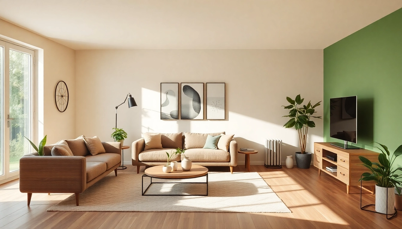 Moderne Raumgestaltung mit einladenden Farben und Pflanzen für eine behagliche Atmosphäre.