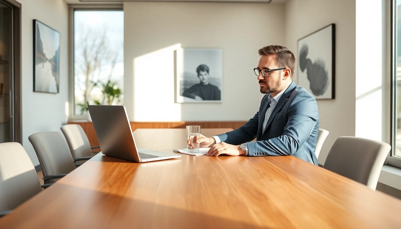 Headhunter München bei der Arbeit in einem modernen Büro mit natürlichem Licht und minimalistischer Einrichtung.