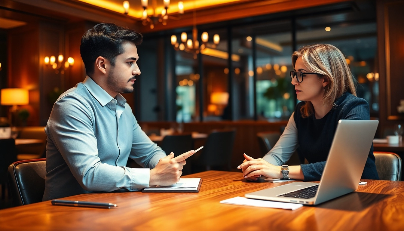 Headhunter Gastronomie consulting with a restaurant manager in an elegant dining environment.