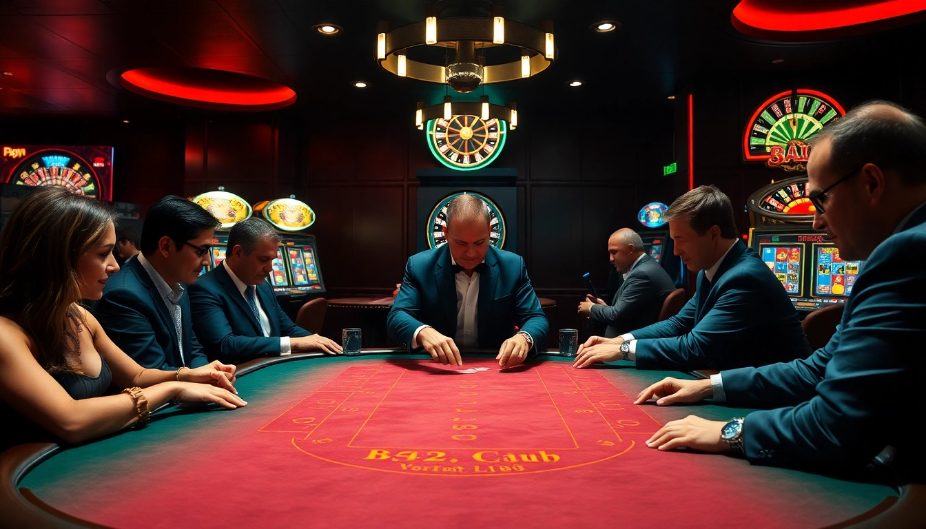 Exciting gameplay at b52 club with players at a poker table and colorful slot machines.