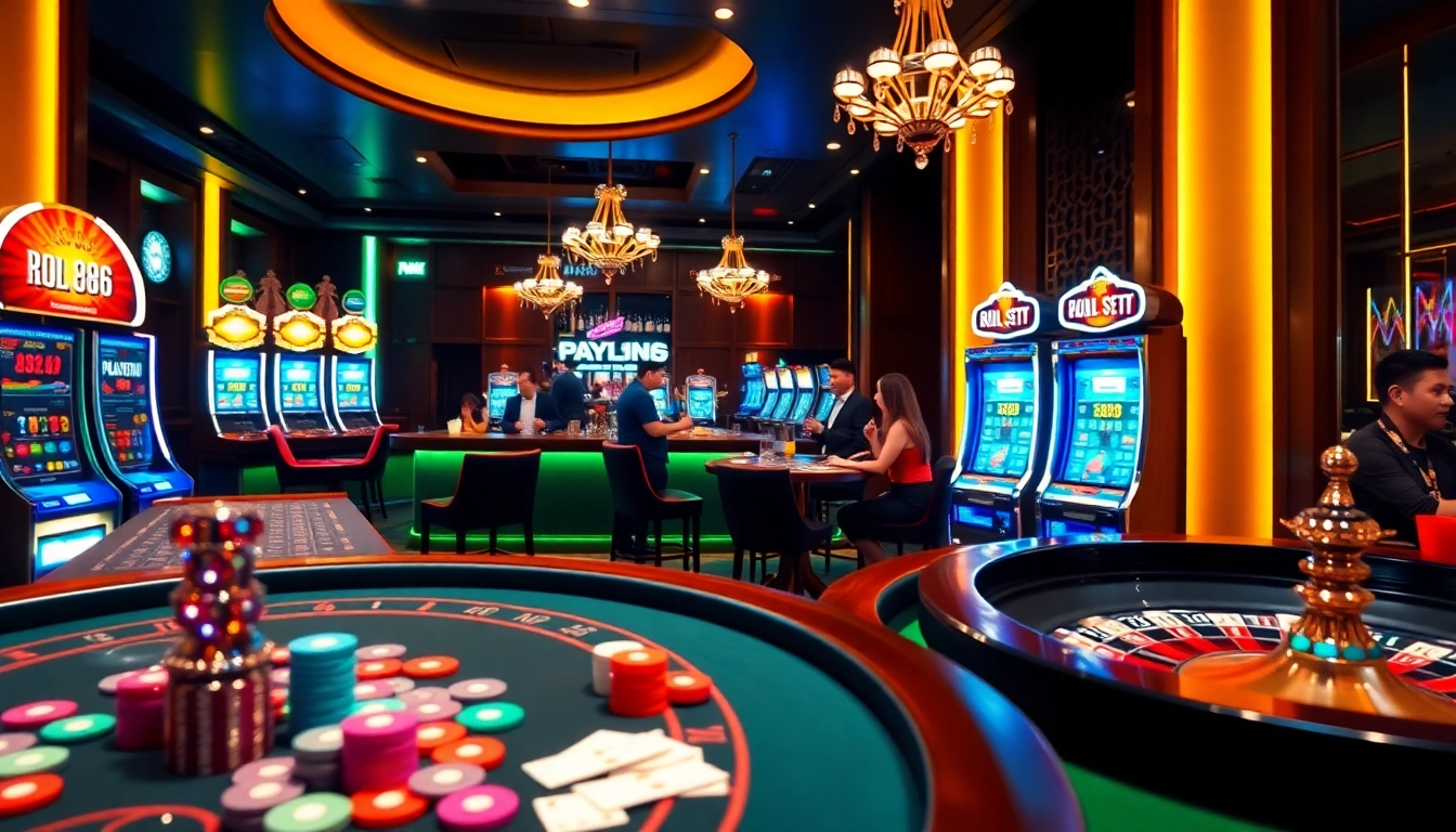 Exciting RR88 online casino scene with poker chips, cards, and roulette wheel.