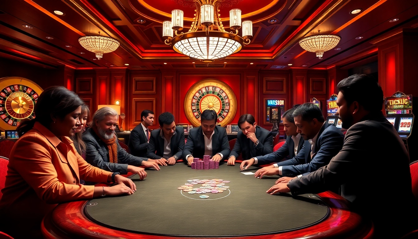 Engage in a thrilling high-stakes poker game scene at https://x88ni.com/ featuring intense players and vibrant casino elements.