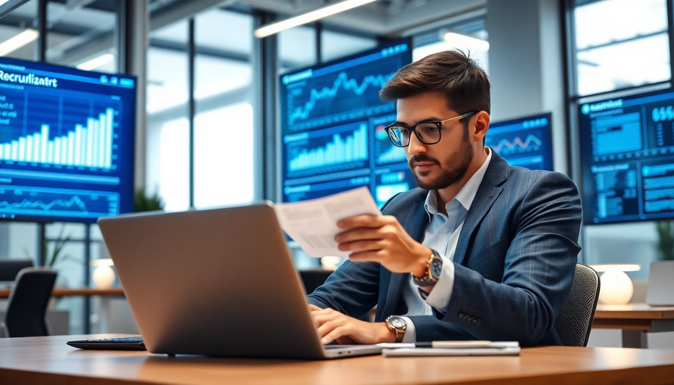 Headhunter IT analysiert Lebensläufe in einem modernen Büro mit digitalen Datenanzeigen.