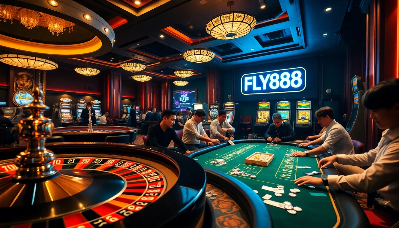 FLY888 players engaging at luxurious casino tables with vibrant atmosphere and exciting gaming.
