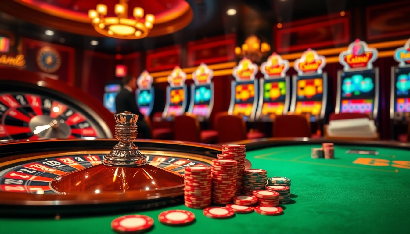 Experience the thrill of gambling at https://tg88.sale/ with luxurious casino visuals featuring a roulette wheel and poker table.