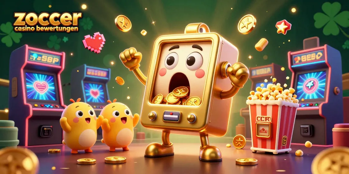 Zoccer casino bewertungen showcases a golden slot machine hitting a jackpot with coins pouring out, surrounded by cheerful smaller machines and gaming elements.